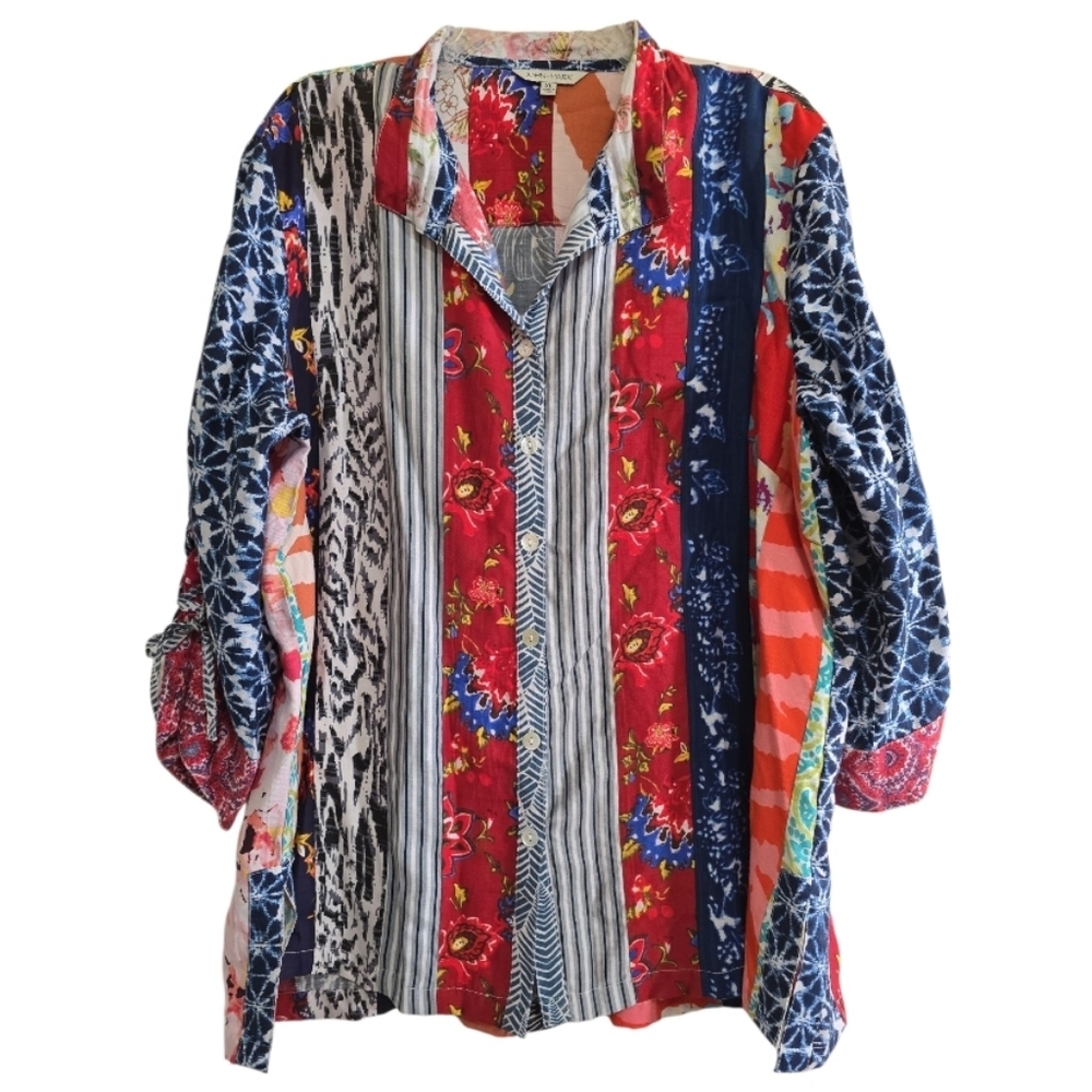 John Mark Artsy Boho Unique Art to Wear Wire Collar Blouse Top Patchwork XL - Picture 2 of 6